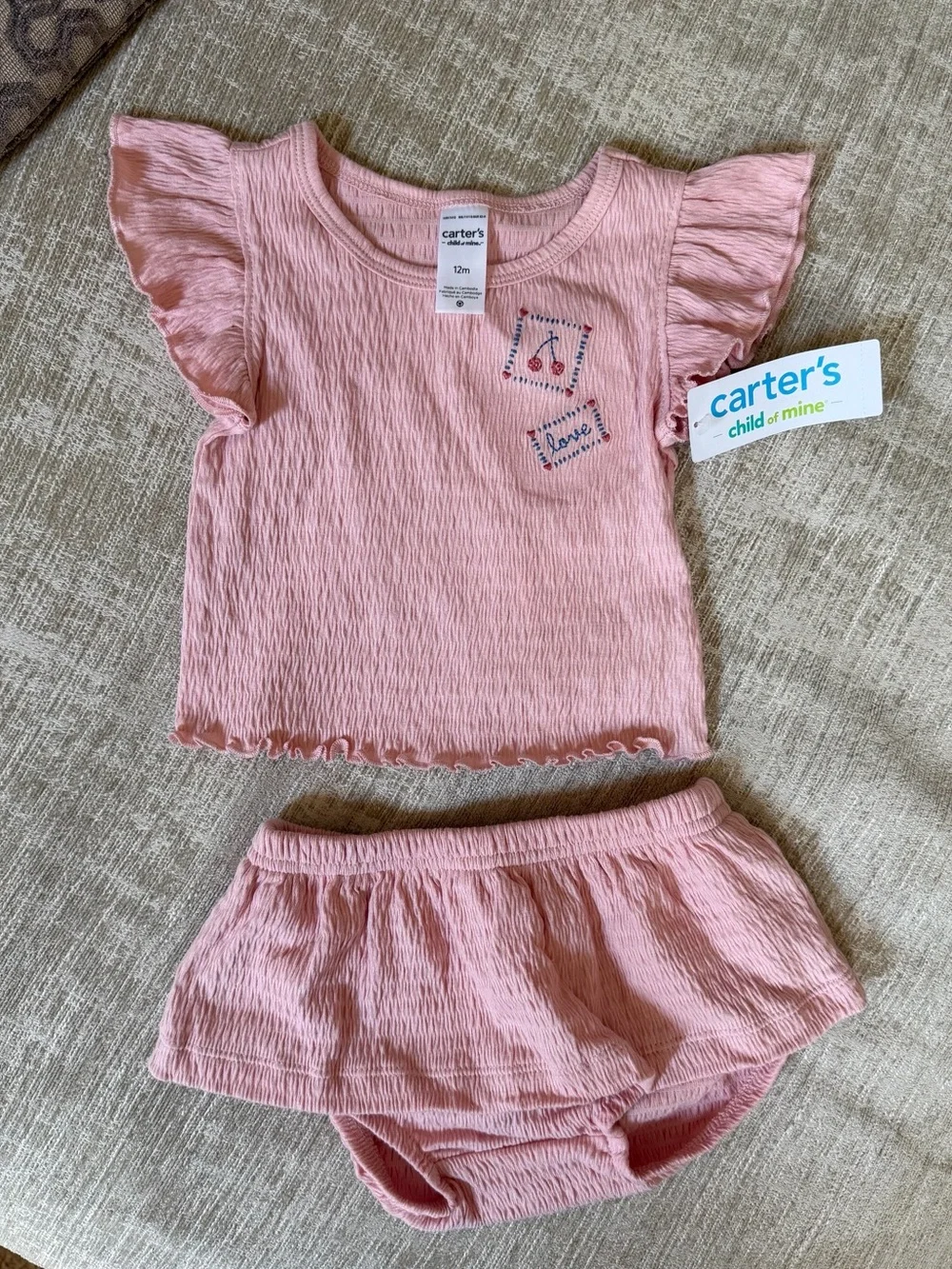 Carters Kids Pink Flutter Sleeve Top & Skirted Bloomer 2 Piece Set 12 m